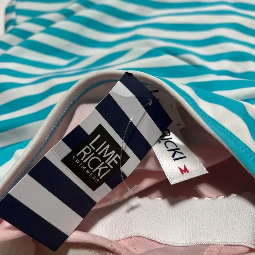 NWT Lime Ricki Bandeau Pool Stripe Tankini Top Blue Aqua White Size M Medium New - Picture 4 of 5